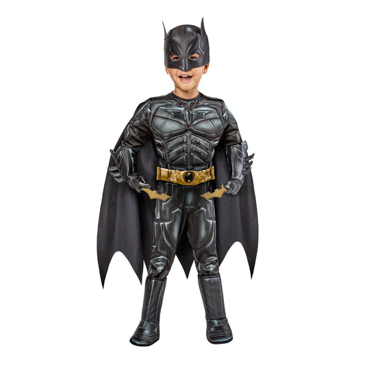 Halloween Child wearing a detailed Batman costume on a white background