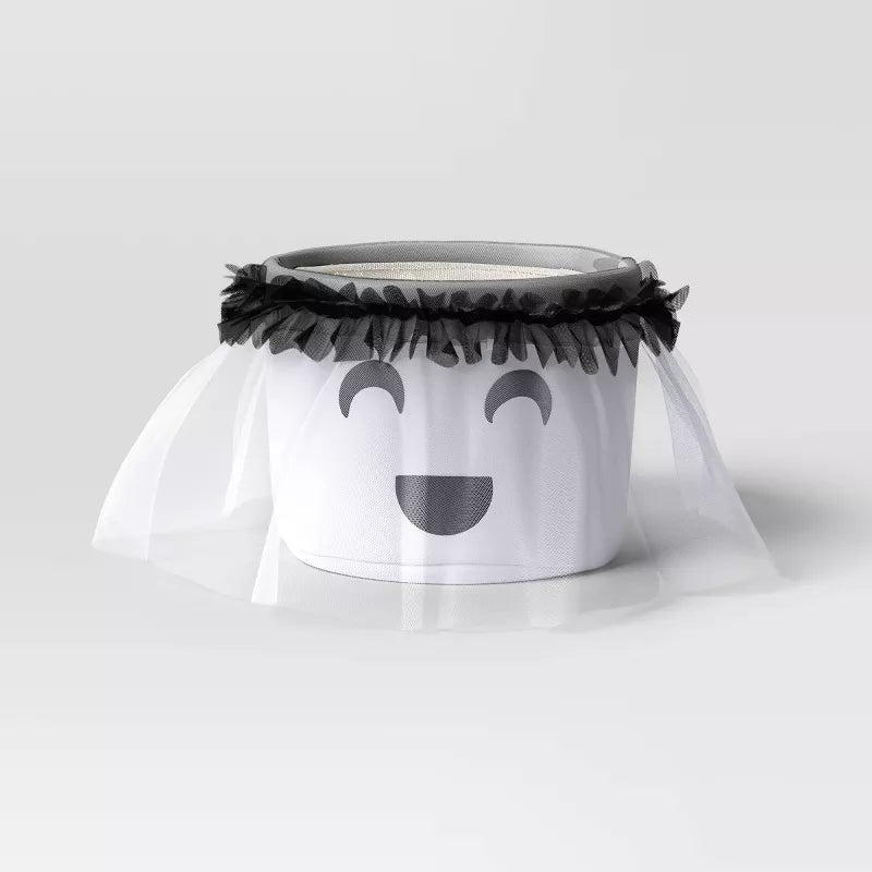Halloween Ghost-themed decorative pot with a face, black feathers, and white veil on a light gray background