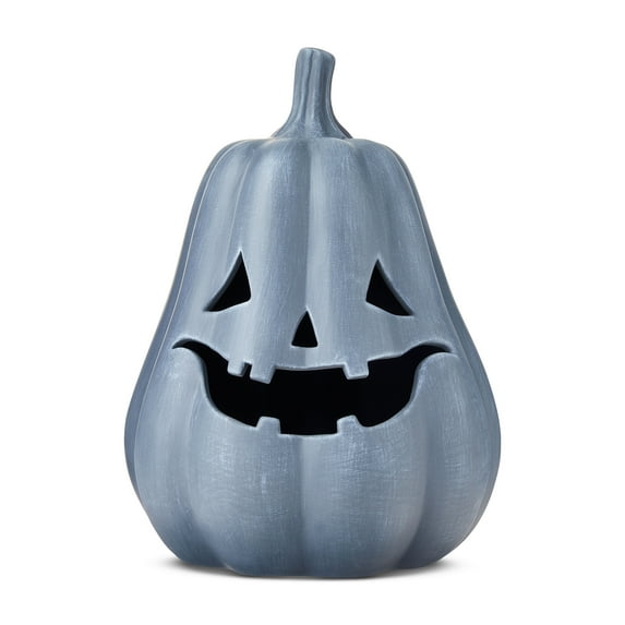 Halloween Gray Concrete Pumpkin Decoration – 13-Inch Jack-O’-Lantern Prop for Indoor or Outdoor Display