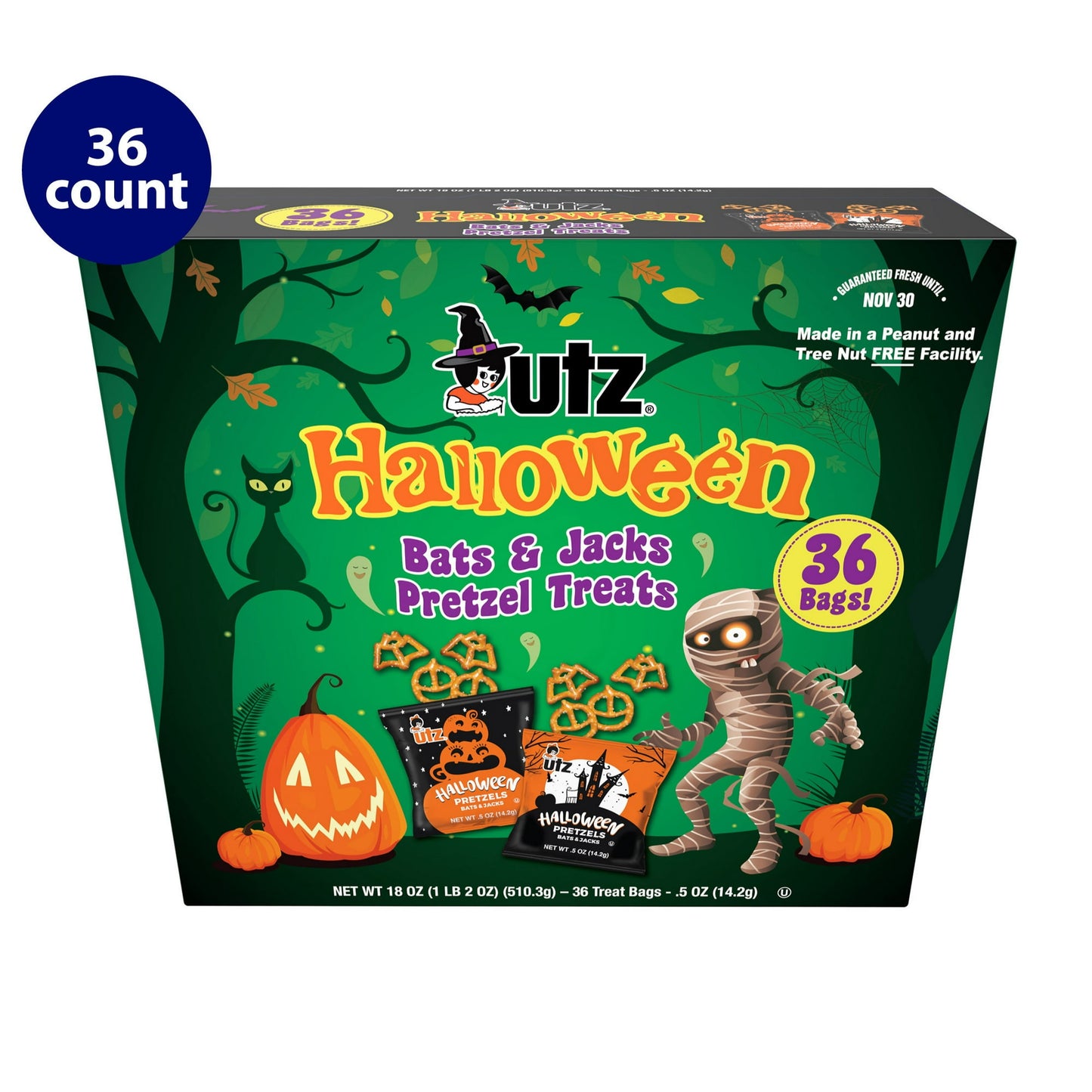 Halloween Themed Bats & Jacks Pretzel Treats packaging with 36 count label on a white background
