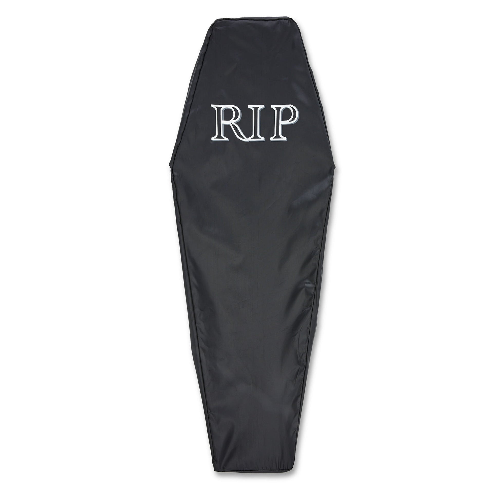 Halloween Themed Black coffin with 'RIP' text on a white background