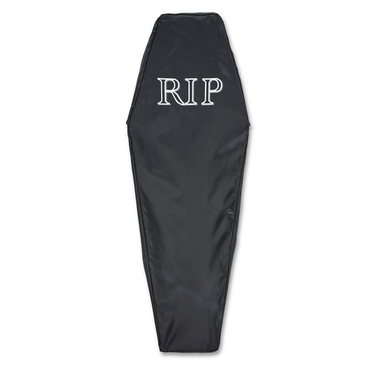 Halloween Themed Black coffin with 'RIP' text on a white background