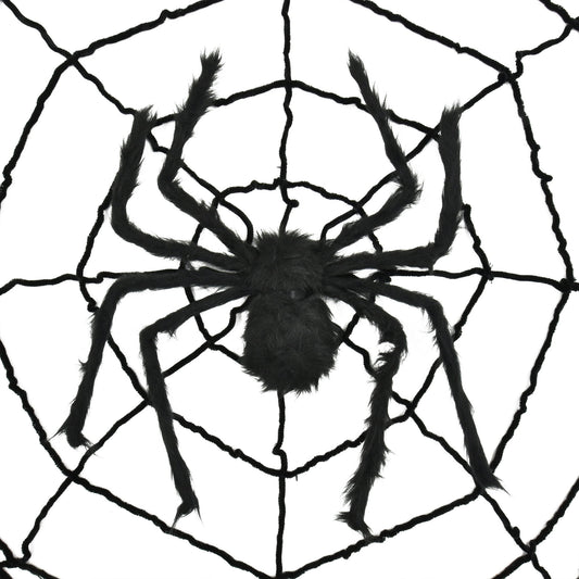 Halloween Themed Black spider on a web with a white background