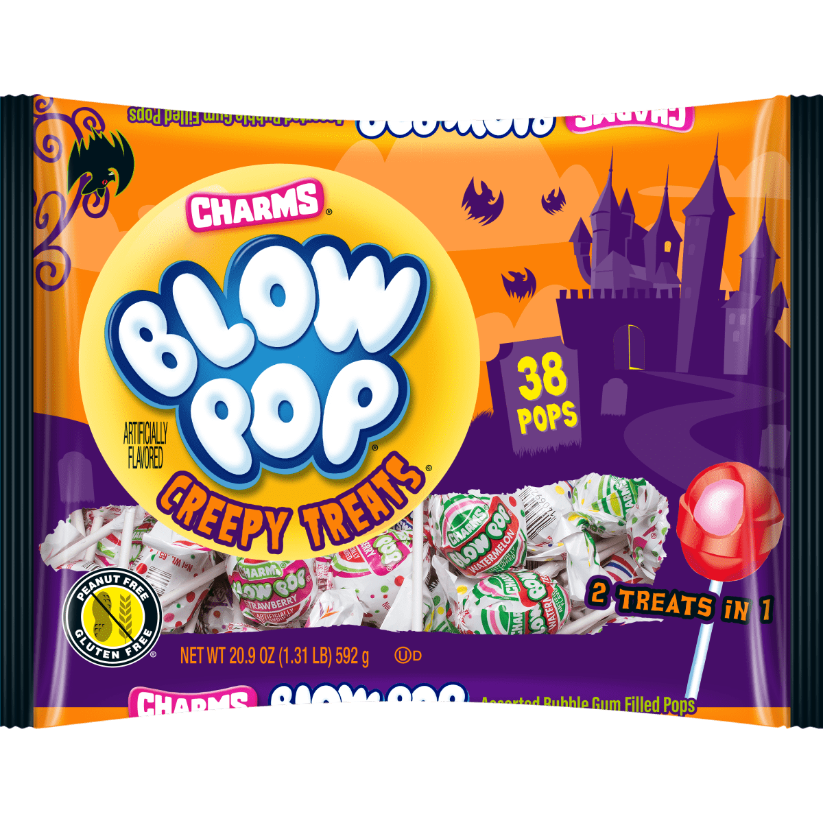 Halloween Themed Candy, Blow Pop Creepy Treats packaging with Halloween-themed design