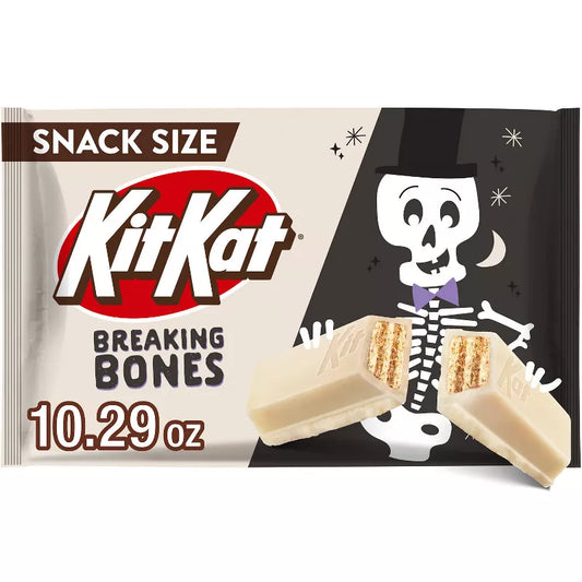Halloween Themed Candy, Breaking Bones snack size Chocolate candy bar packaging with skeleton design on a white background
