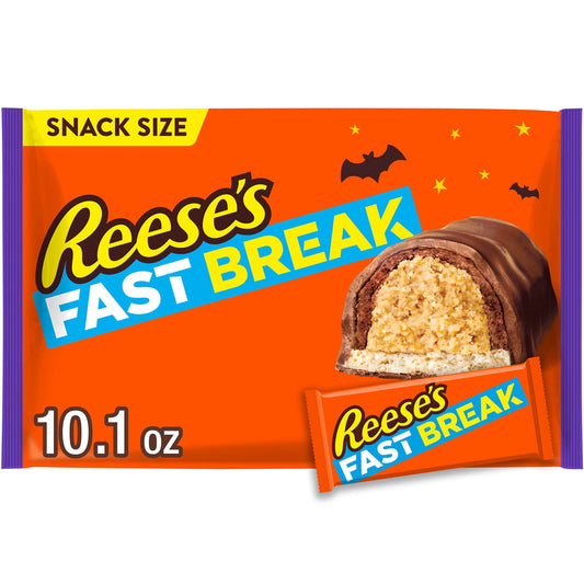 Halloween Themed Fast Break snack size packaging with an orange background