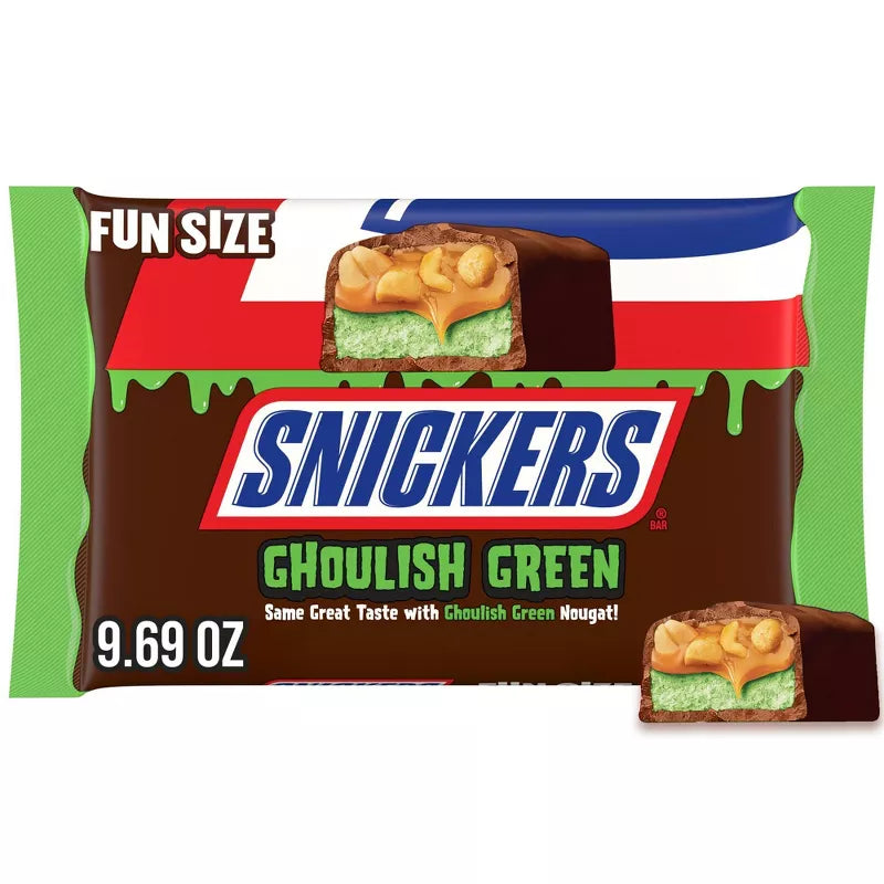 Halloween Themed Candy, Ghoulish Green fun size Chocolate candy bar packaging on a white background