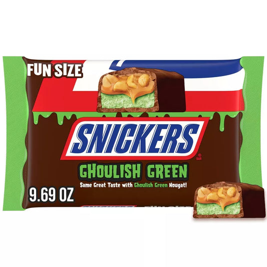 Halloween Themed Candy, Ghoulish Green fun size Chocolate candy bar packaging on a white background
