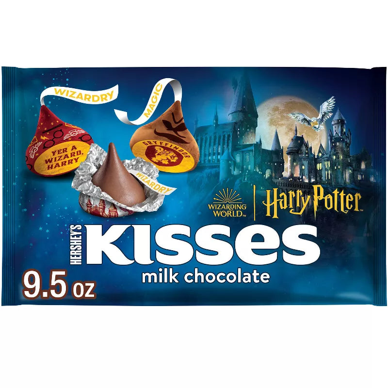 Halloween Themed Candy, Kisses Harry Potter themed chocolate package with castle and moon background