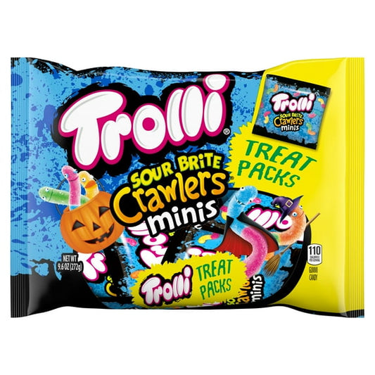 Halloween Themed Candy, Sour Brite Crawlers Minis treat sour candy packs packaging with colorful design.