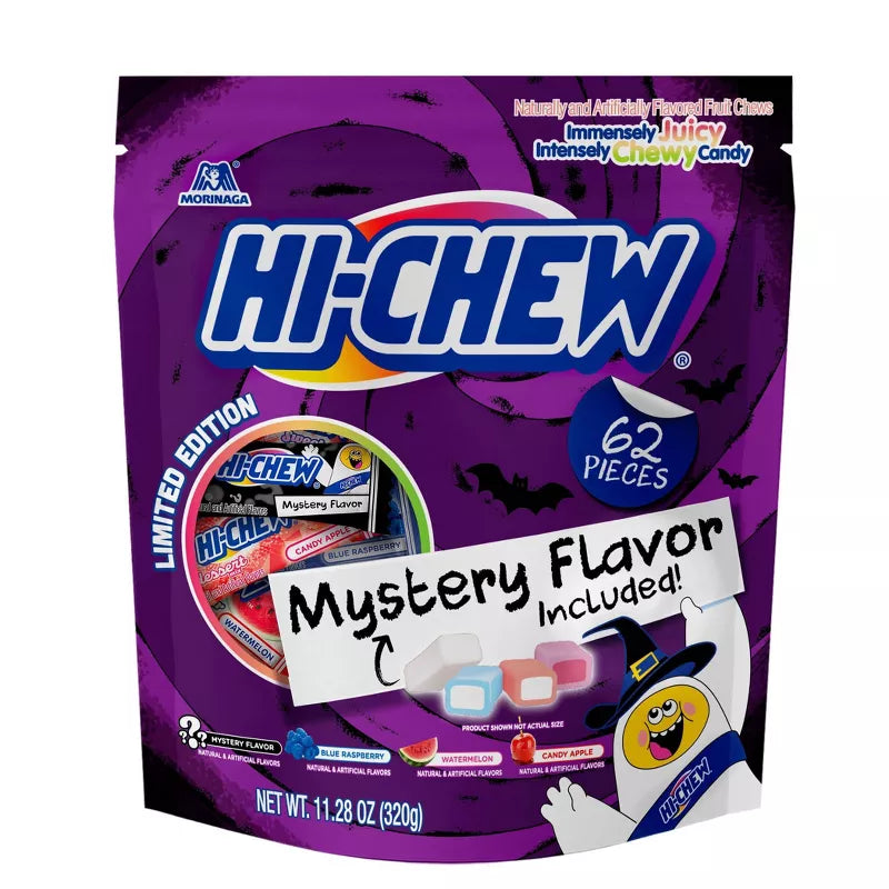 Halloween Themed Fruit chews candy package with purple background and Halloween-themed design