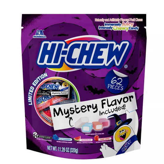 Halloween Themed Fruit chews candy package with purple background and Halloween-themed design