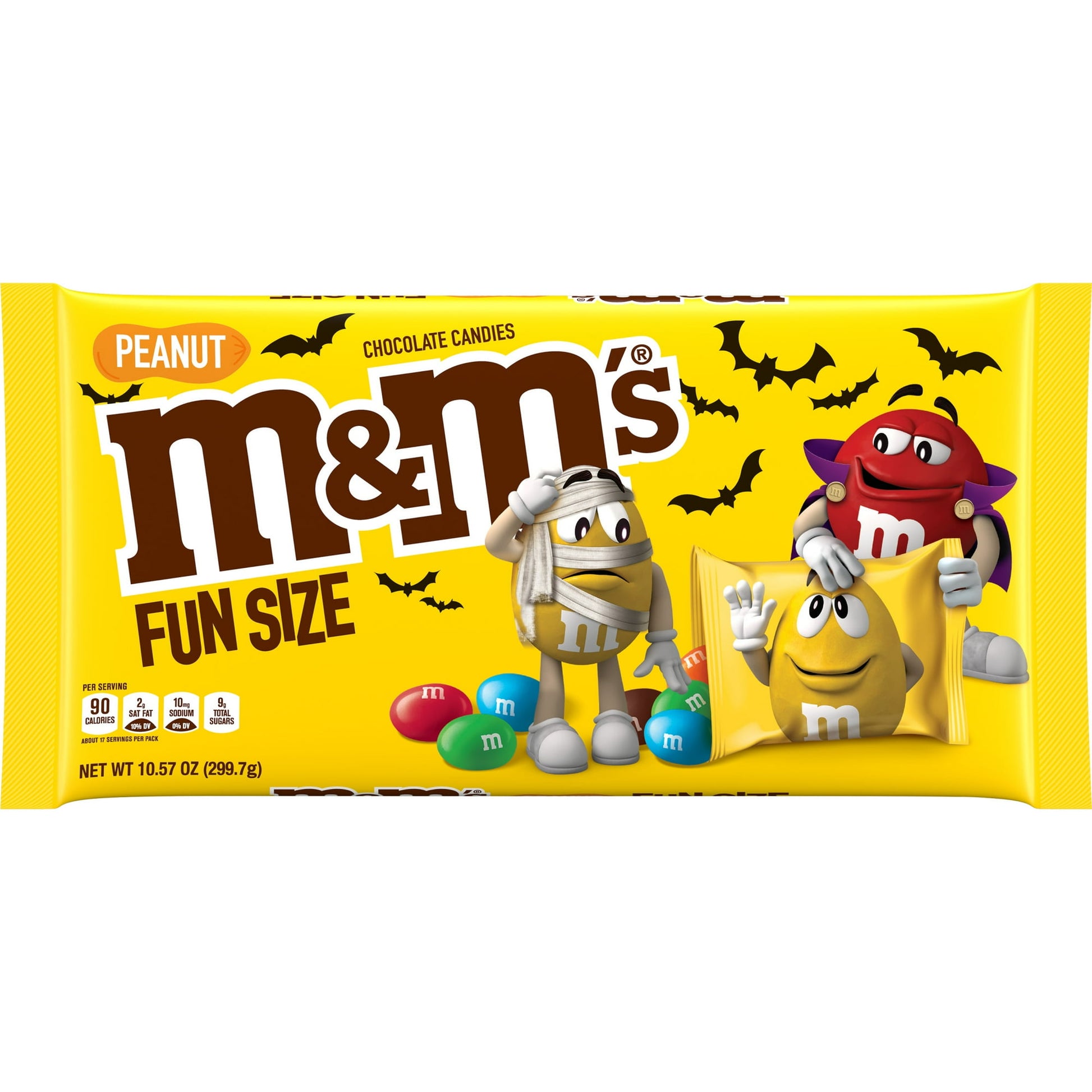 Halloween Themed Fun Size Halloween candy with peanut, package with characters and bats on a yellow background