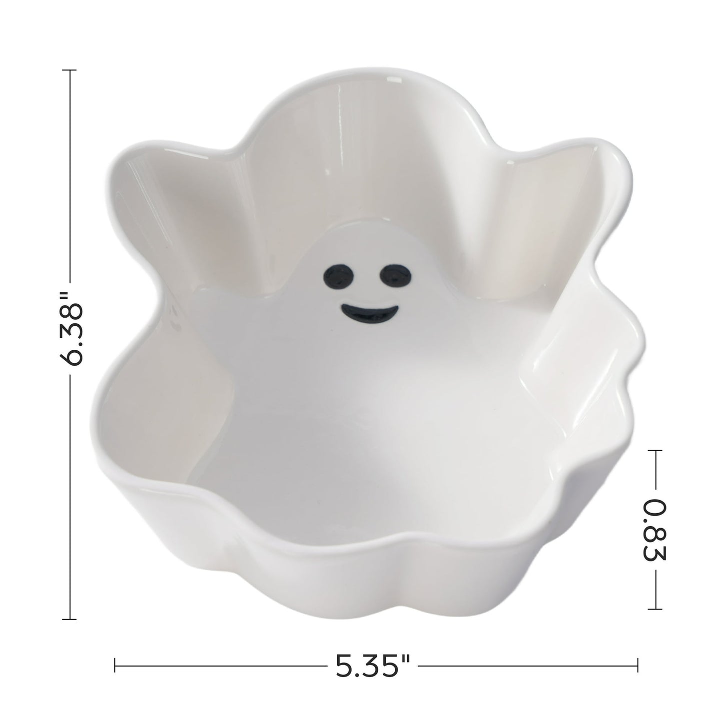 Halloween Themed White ghost-shaped bowl with a smiley face and measurements on a white background
