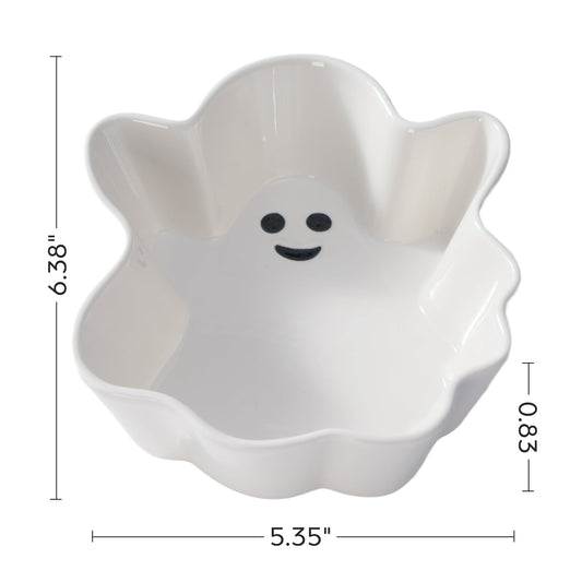 Halloween Themed White ghost-shaped bowl with a smiley face and measurements on a white background