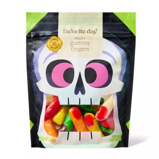 Halloween Themed candy, Packaged gummy candies in the shape of fingers with a skull design on the front.