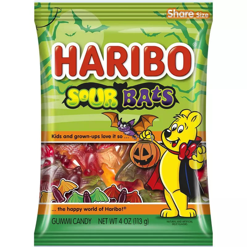 Halloween Themed candy, Sour Bats gummies Halloween candy package with a cartoon bear holding a pumpkin.