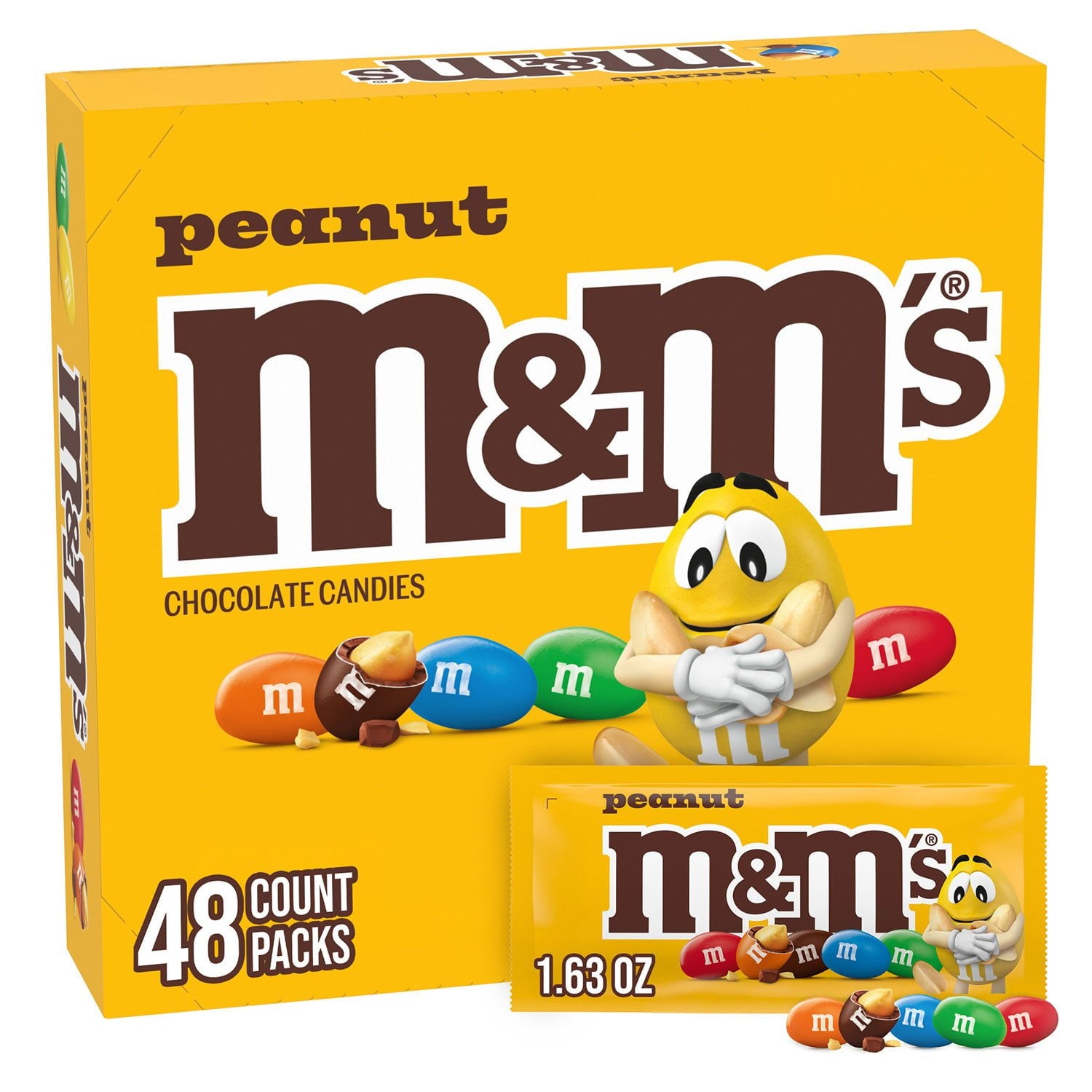 Halloween candy, Box of peanut chocolate candies with colorful characters on a yellow background.
