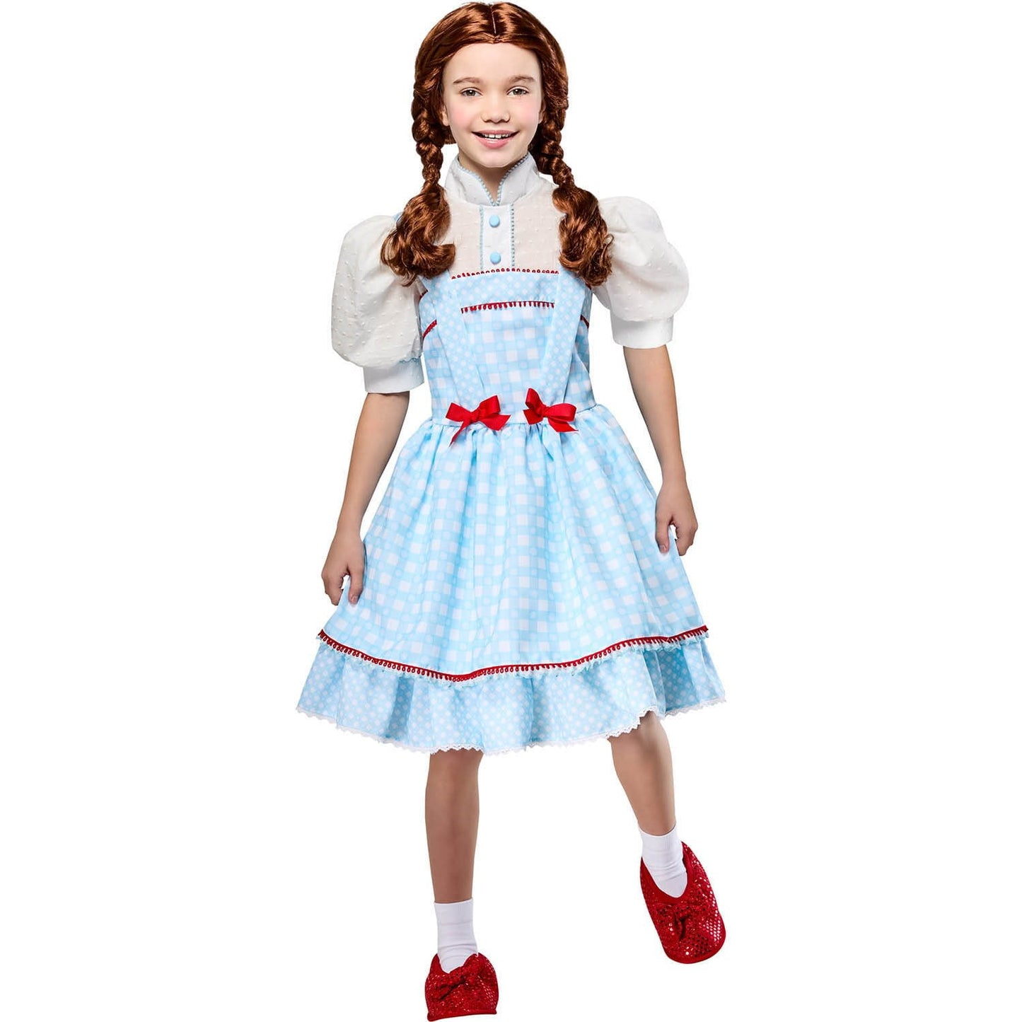 Halloween costume Child wearing a blue dress with red accents on a white background