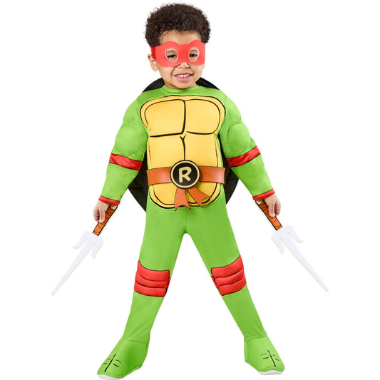 Halloween costume Child wearing a green superhero costume with a red mask on a white background