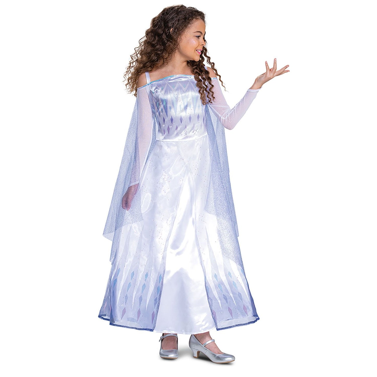 Halloween costume Child wearing a white and blue dress with a cape on a white background