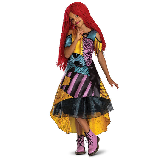 Halloween costume Colorful dress with geometric patterns worn by a model on a white background