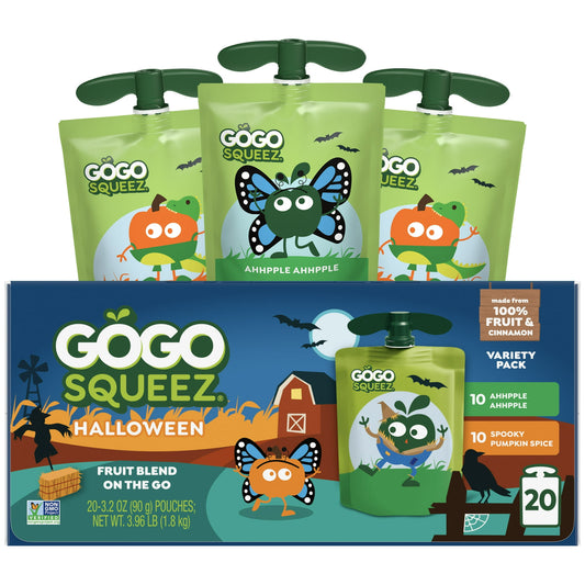 Halloween fruit pouches with packaging on a white background