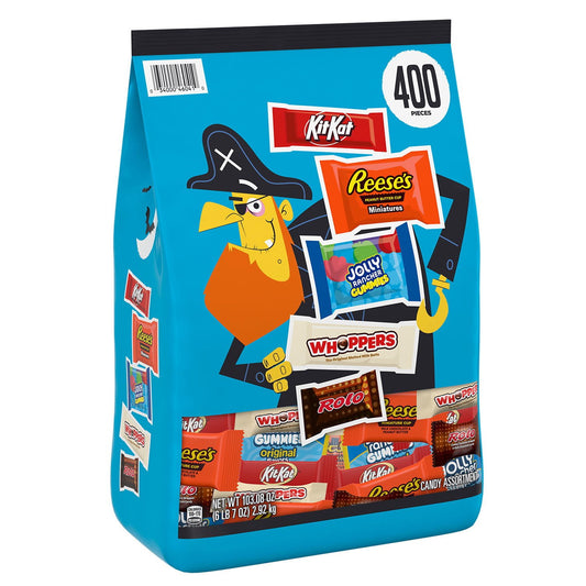 Halloween themed candy, Assorted candy bag with cartoon pirate design on a blue background