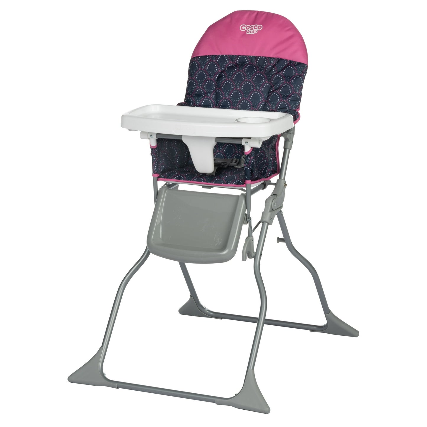 High chair with pink and blue patterned seat on a white background