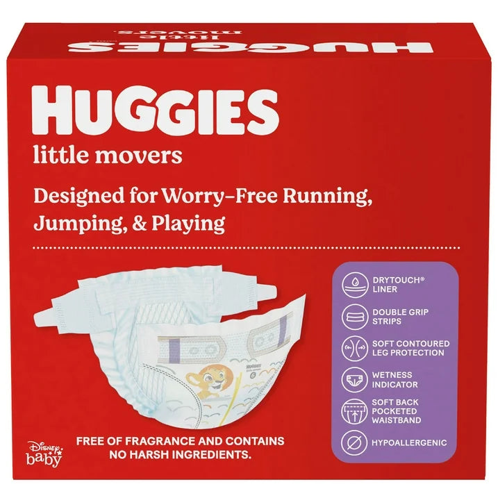 Huggies Little Movers diaper package on a red background