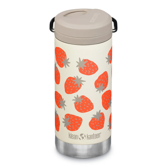Insulated drink container with strawberry pattern on a white background
