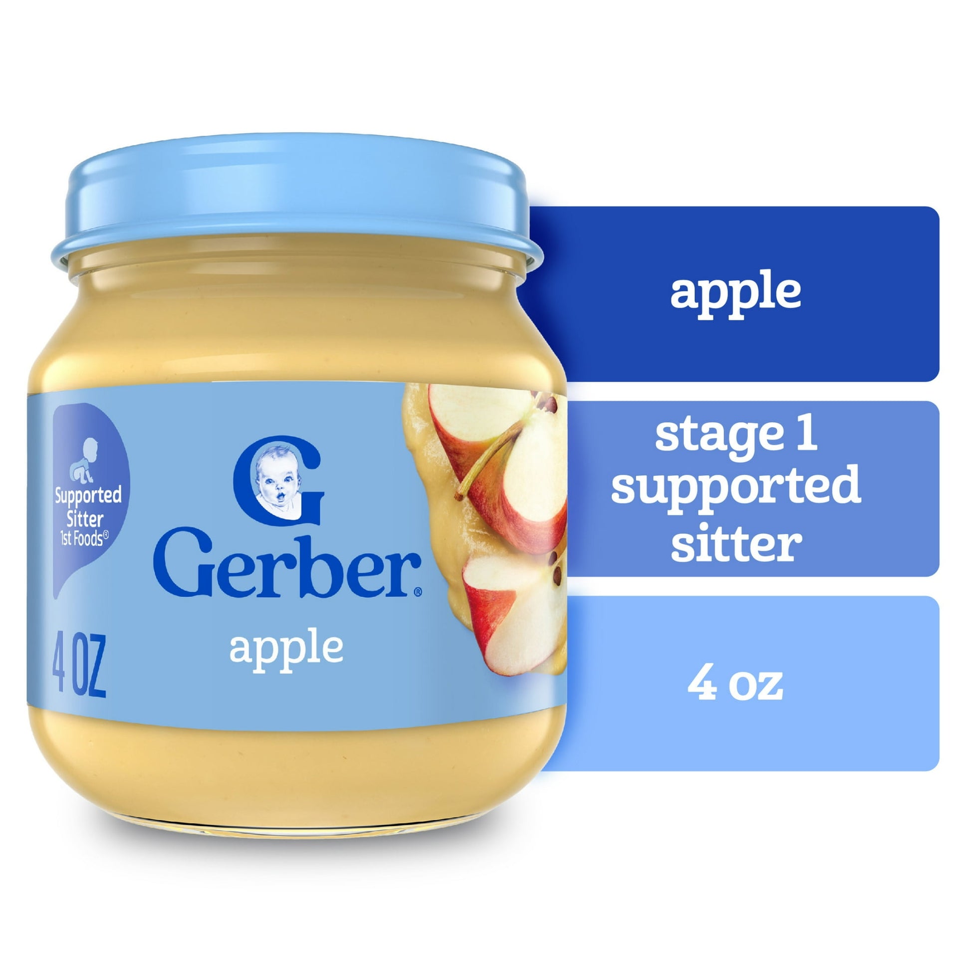 Jar of apple baby food with blue lid and label on a white background