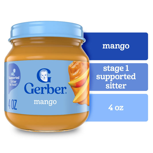 Jar of mango baby food with blue lid and label on a white background