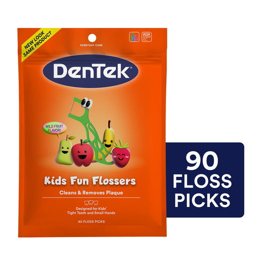 Kids Fun Flossers packaging with cartoon characters on an orange background