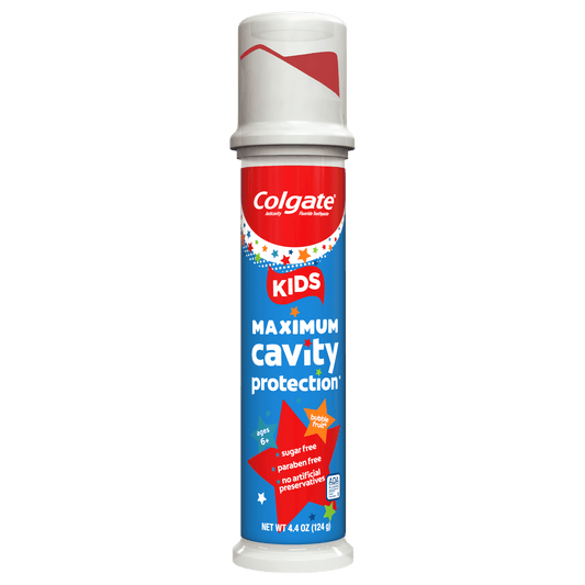 Kids Maximum Cavity Protection toothpaste tube on a green background