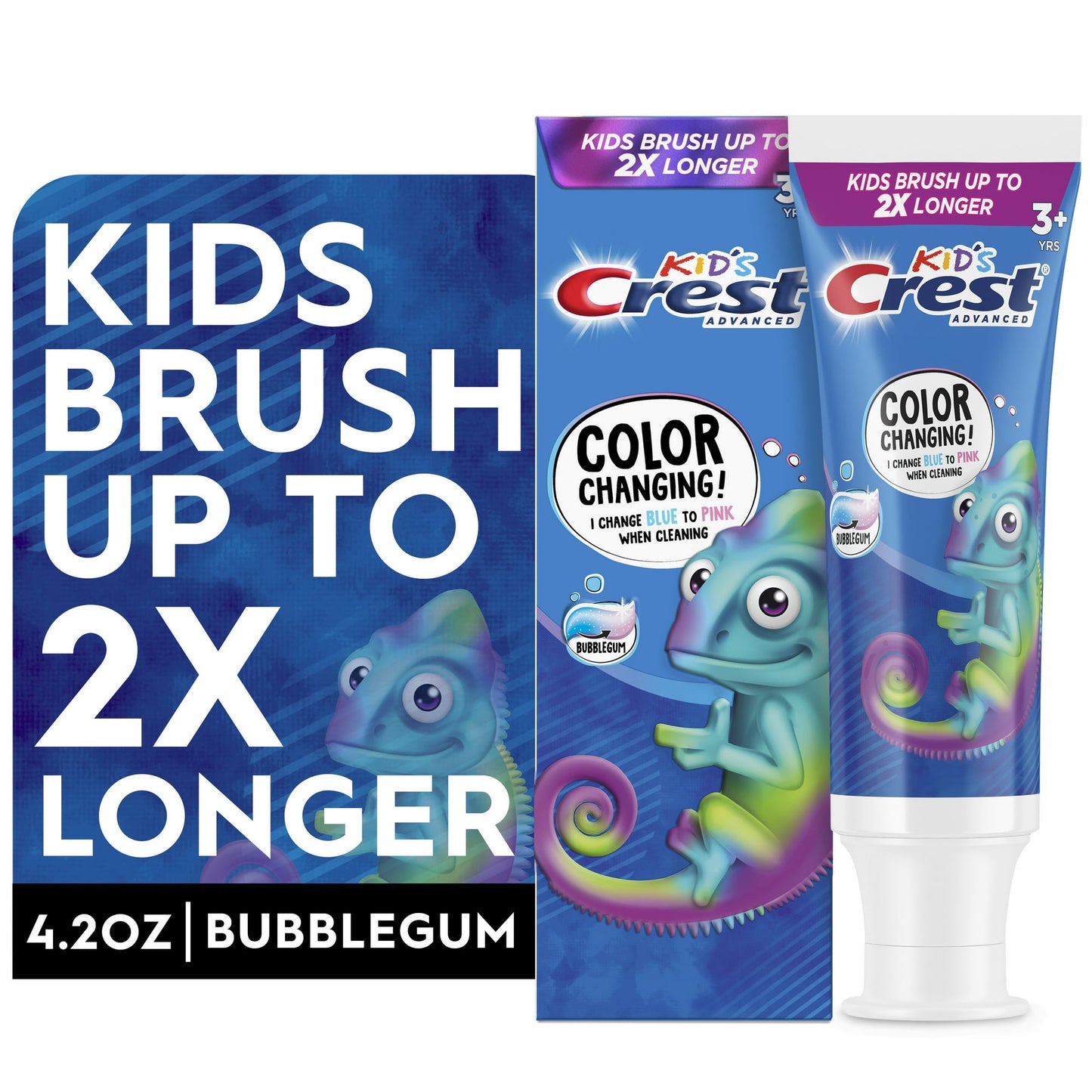 Kids toothpaste with color-changing design and bubblegum flavor on a white background