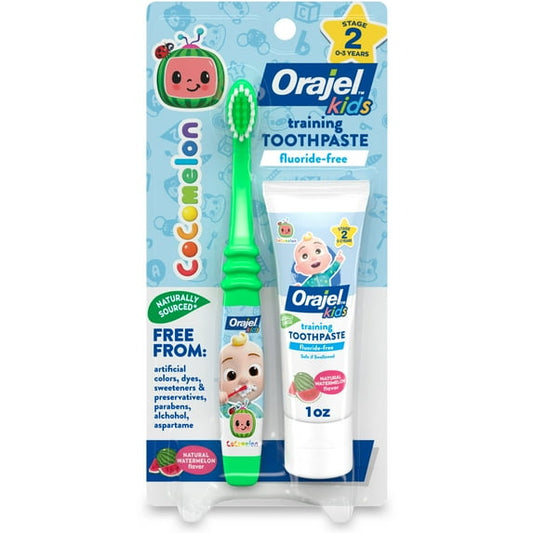 Kids training toothbrush + fluoride-free toothpaste, watermelon flavor – 1 oz combo set
