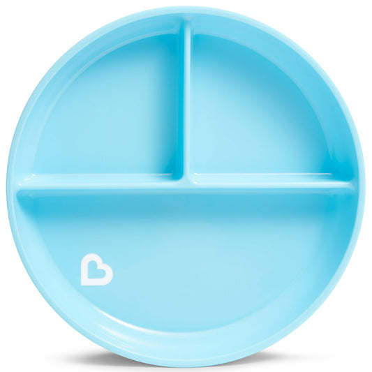 Light blue divided plate with a heart logo on a white background