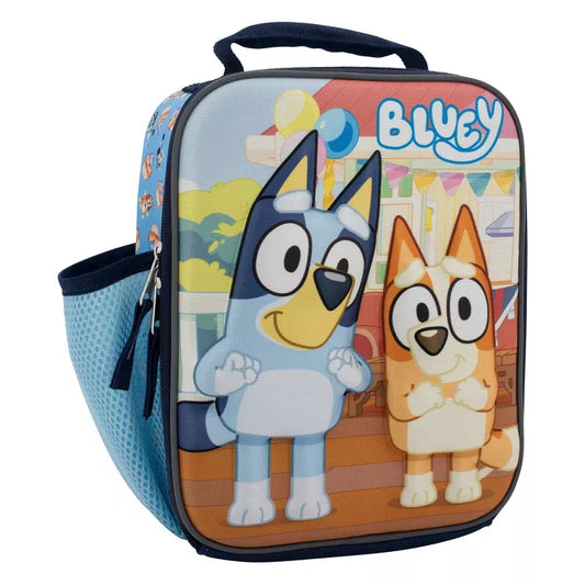Lunch bag with cartoon characters and branding on a white background