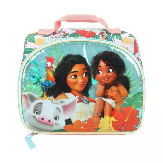 Lunch bag with cartoon characters and tropical design on a white background