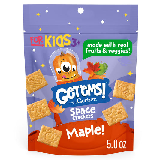Maple-flavored space-shaped crackers for kids, 5 oz bag – fun and crunchy snack made with wholesome ingredients.