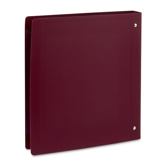 Maroon three-ring binder on a white background
