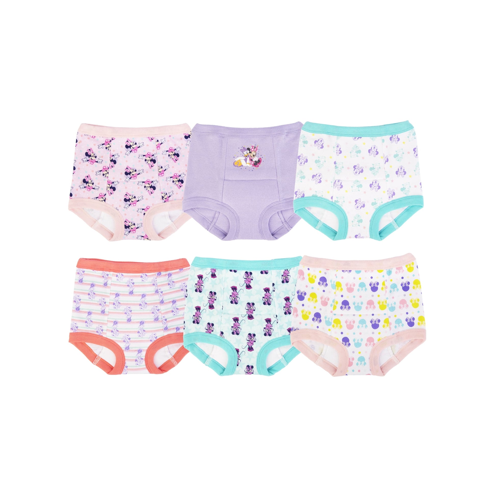 Six pairs of patterned toddler girls' training pants , with white background