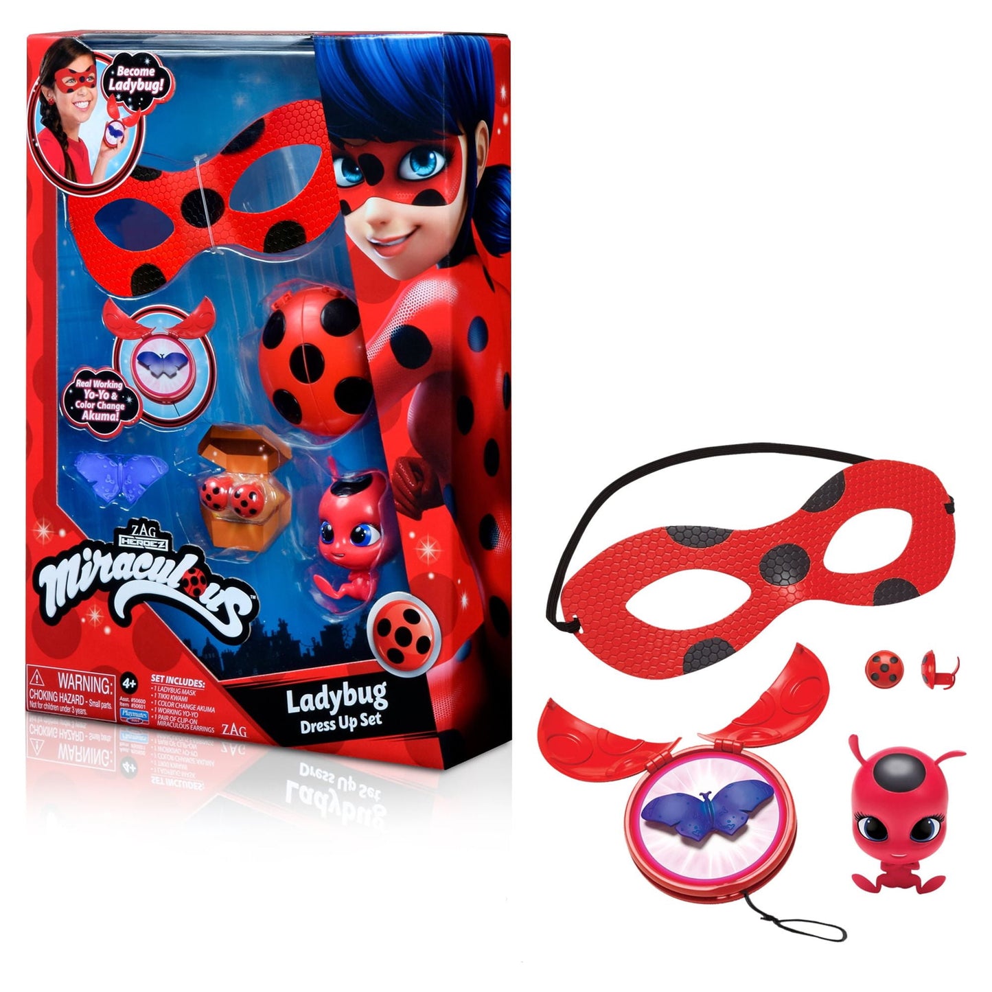 Miraculous Ladybug dress-up set with mask, earrings, yoyo, Akuma and Kwami Tikki – fun kids costume for Halloween or playtime.