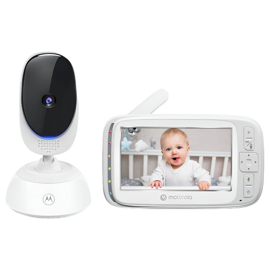 A baby monitor system showing a camera unit and a parent unit displaying a baby in a crib