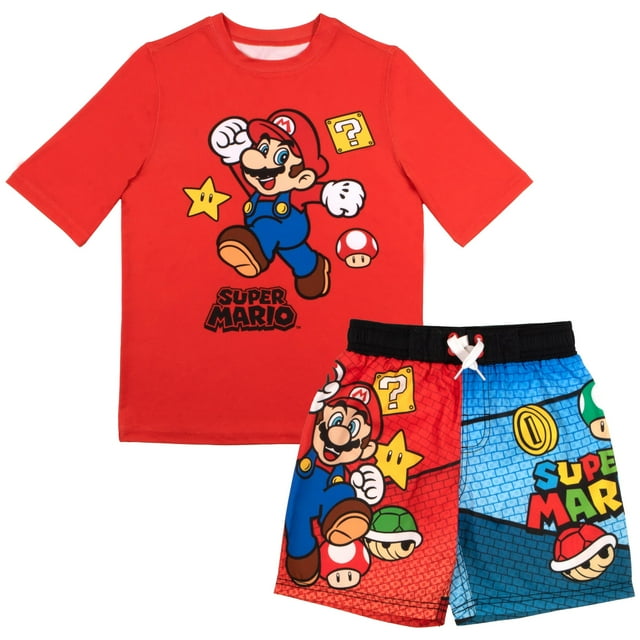 Nintendo Super Mario Bros Boys Swim Wear Rash Guard Set Super Mario 2 Piece Set Boys Swimsuit Boys Rash Guard Boy Swim Trunks (Sizes 4-12)