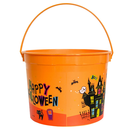 Orange Halloween candy bucket with decorative design and text on a white background