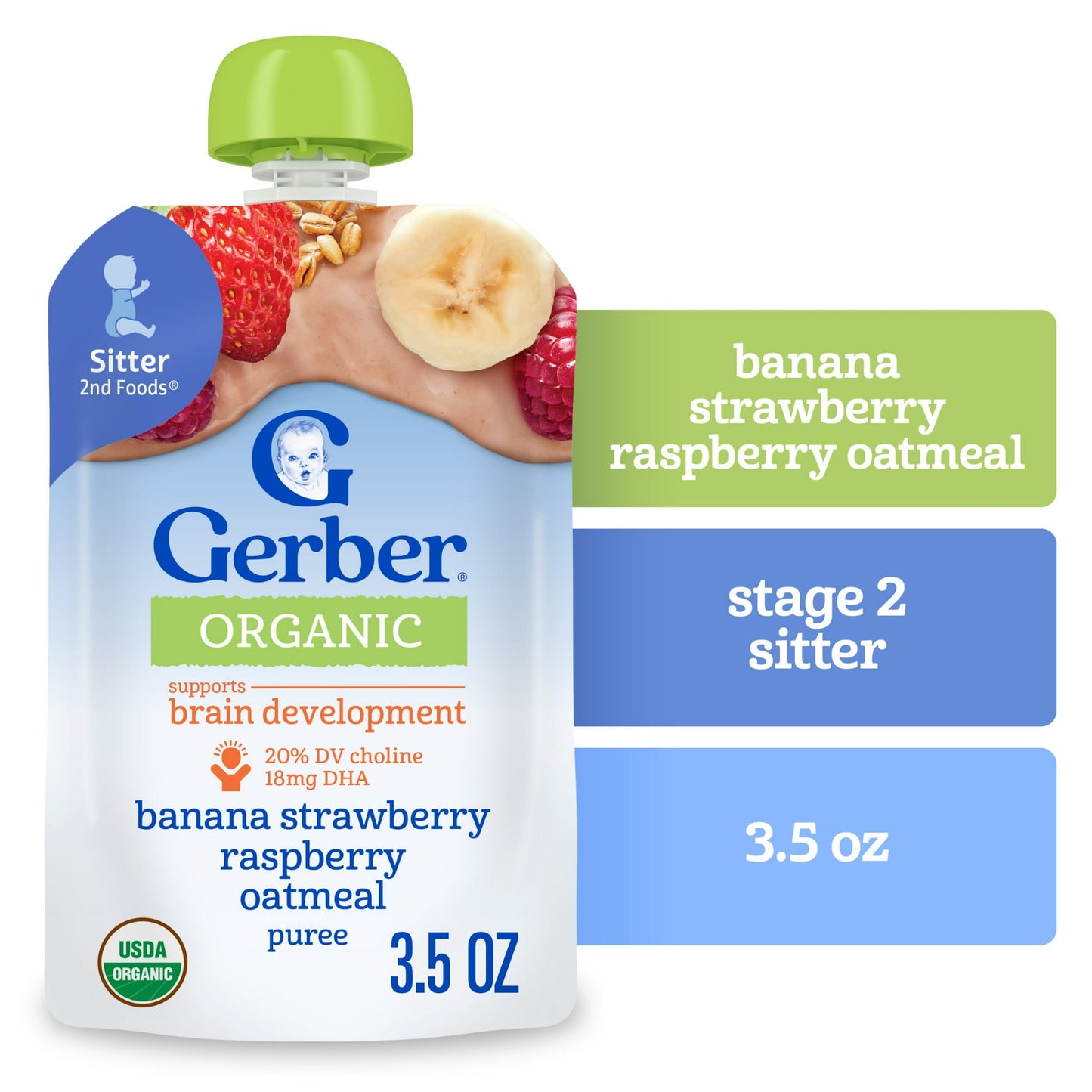 Organic baby food pouch with banana, strawberry, raspberry, and oatmeal on a white background