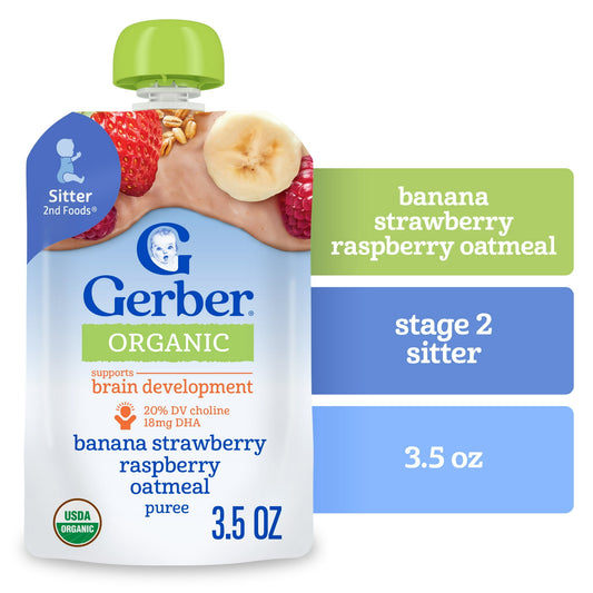 Organic baby food pouch with banana, strawberry, raspberry, and oatmeal on a white background