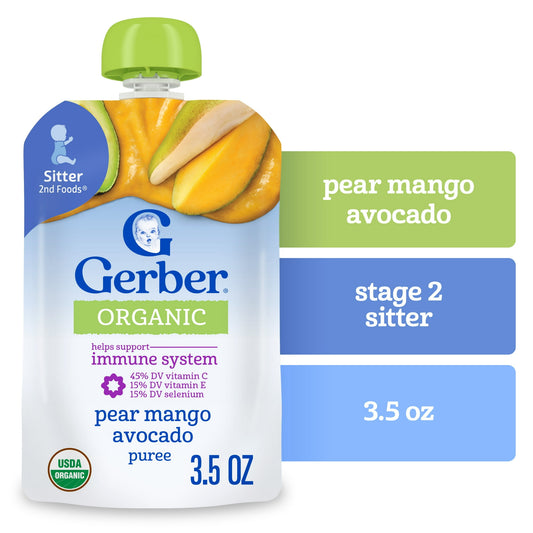 Organic baby food pouch with pear mango avocado flavor on a white background